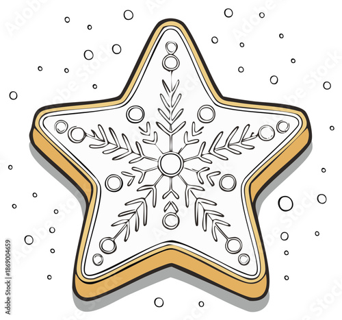 Star-shaped festive cookie with snowflake design and scattered dots, a delicious holiday treat illustration