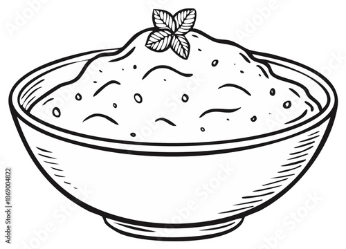Hand-drawn bowl of mashed potatoes with herb garnish and textured surface