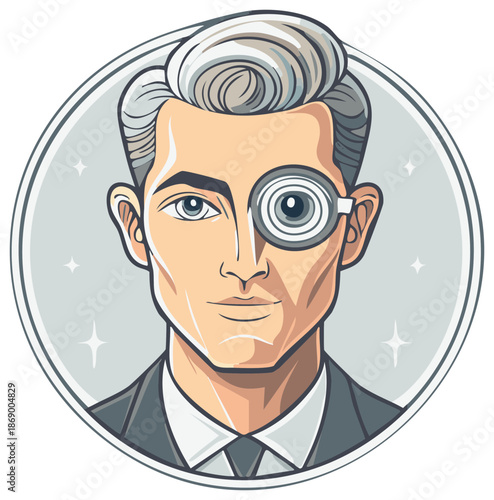 Person with Monocle in Cartoon Style Gray Suit and Tie