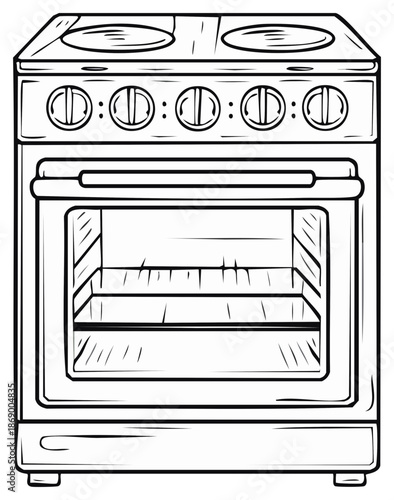 Doodle of a kitchen oven. Illustration of a standing cooking stove with burners, oven, and control knobs, isolated on white background.