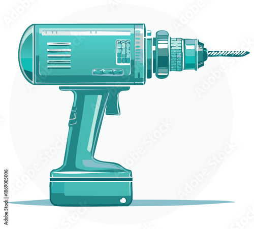 Stylized cordless power drill stands ready for work in a minimalist illustration with clean lines and geometric shapes