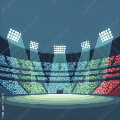 Aerial view of a brightly lit stadium with crowded stands and a green field