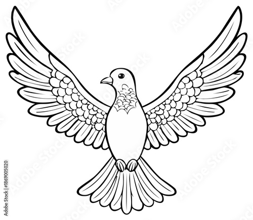 Dove Flying with Open Wings Detailed Line Art Illustration Symbol