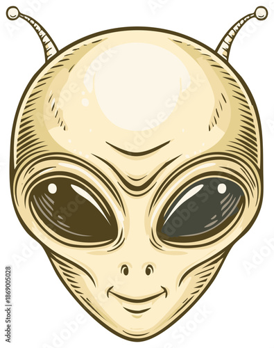Illustration of a cartoon alien face with large dark eyes antennas and a friendly smile creating a whimsical and otherworldly artwork