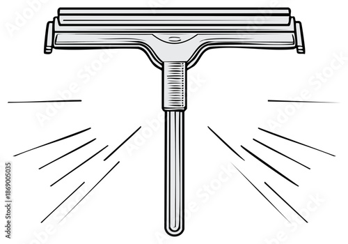 Illustration of a cleaning tool, a squeegee with action lines, black and white vector graphic