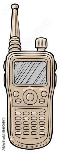 Beige portable radio transceiver with antenna and buttons Communication technology equipment design element vector illustration
