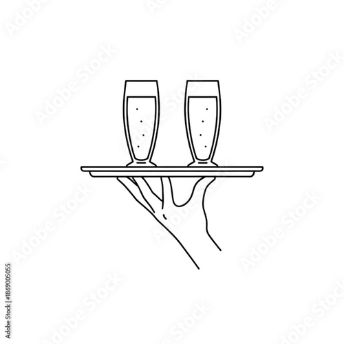 waiter hand holding tray with two glasses of beer line icon