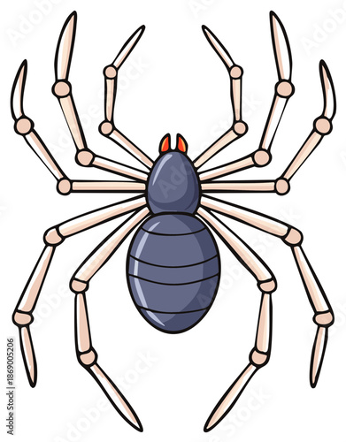 Cartoon illustration of a spider with eight legs, blue body, and orange details