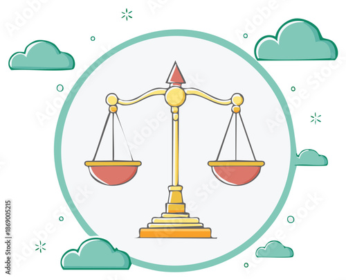 Cartoon justice scales symbol of law and balance in a doodle illustration