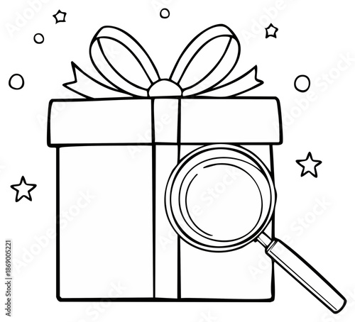 Magnifying glass examining a wrapped gift box with stars and circles illustration
