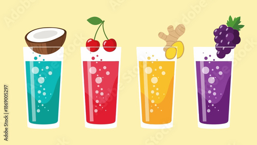 Colorful smoothies with various fruits and toppings.