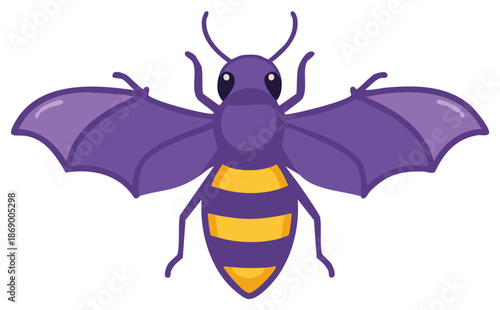 Cartoonish wasp with a yellow striped body and violet wings, isolated on a white backdrop