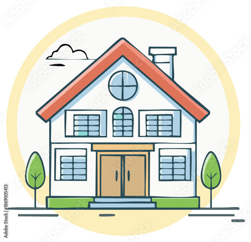 Charming detached house with red roof, chimney, and trees, a lovely home icon, cozy real estate drawing with round window and double doors.