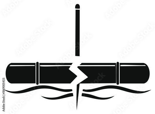Illustration of a broken pipe underwater with waves and a vertical element