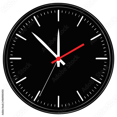 Stylish minimalist analog clock face with black dial and contrasting white hour minute and red second hands