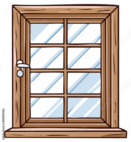 Closed wooden window frame with eight panes and latch indoors cartoon illustration