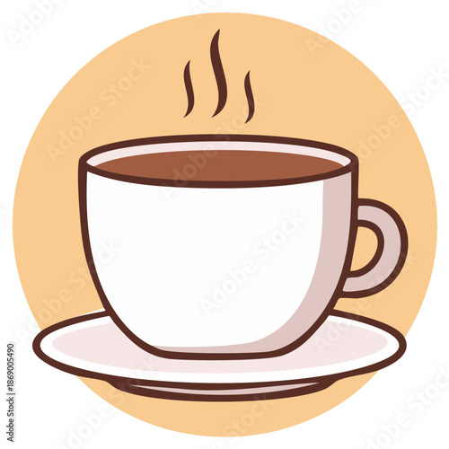 Steaming hot cup of coffee on a saucer with a simple cartoon style.