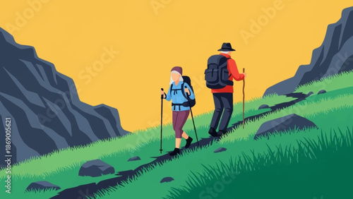 Couple hiking on a mountain trail with backpacks and trekking poles.