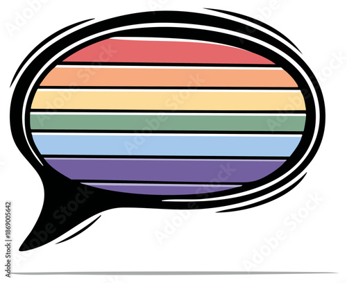 Vibrant rainbow stripes within a speech bubble to promote communication equality and inclusivity for social advocacy and LGBTQ rights.