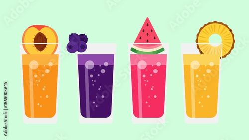 Colorful fruit smoothies with various garnishes on a pastel green background.