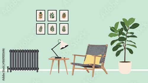 Cozy living room with chair, table, lamp, and plants in a minimalist setting.