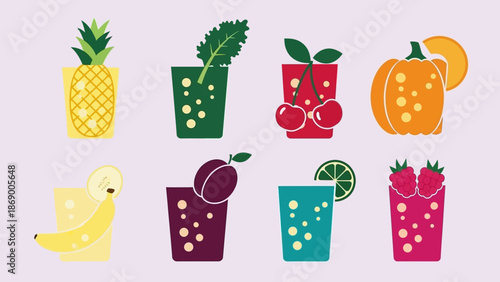 Colorful fruit smoothies and ingredients in a vibrant display.