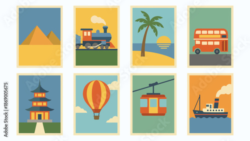 Vintage Travel Poster Collection Featuring Iconic Destinations and Transport Modes