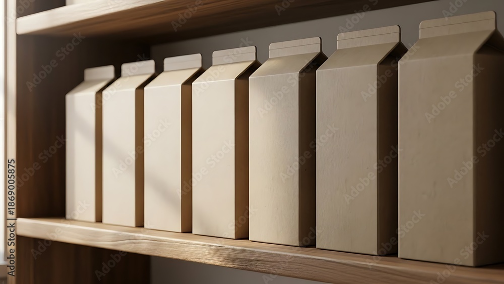 Fototapeta premium Cartons arranged on a wooden shelf in a storage room viewed from the side