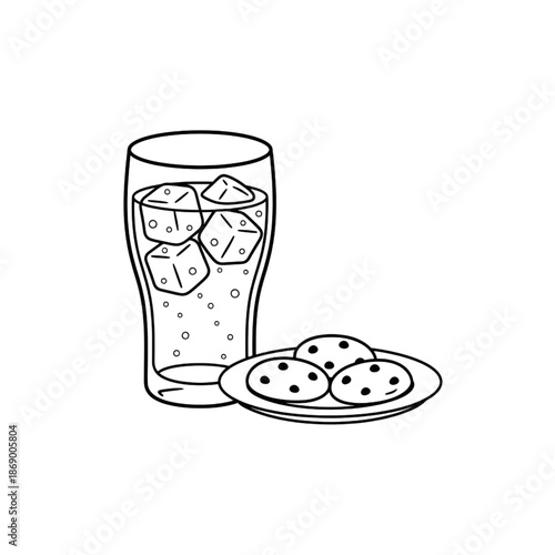 minimal line art of iced soda glass and chocolate chip cookies on a plate