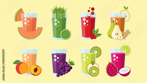Assorted Fruit Juices and Smoothies with Fresh Fruits.