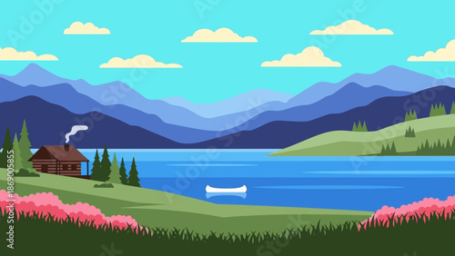 Serene lake landscape with mountains and cottage.