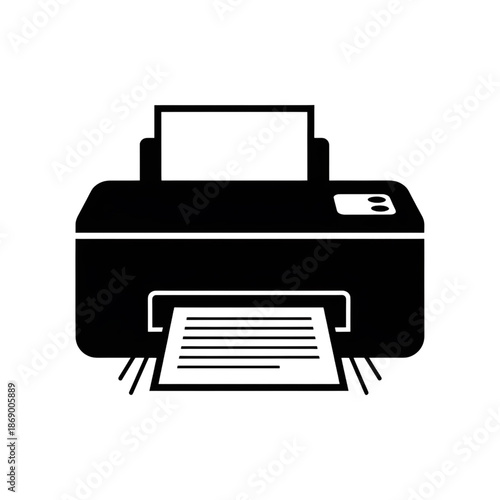 black printer icon with paper sheet in flat minimalist style