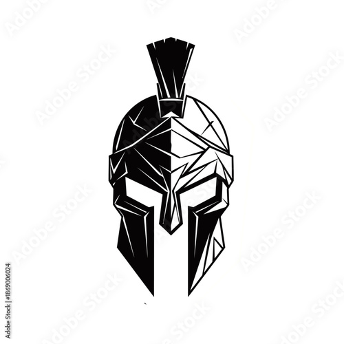 A striking black and white illustration of a Spartan helmet, featuring sharp geometric lines and a prominent crest.