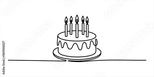 Continuous line art drawing of a birthday cake with five lit candles Vector, illustration