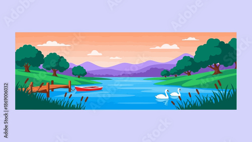 Serene lake landscape with boats and lush greenery at sunset.