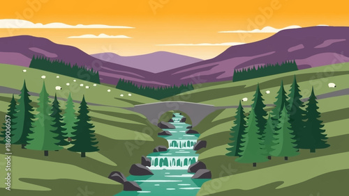 Serene Landscape with Pagoda and Mountains at Sunset.