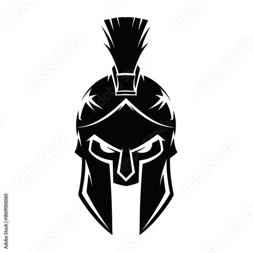 A striking black and white illustration of a Spartan helmet, symbolizing ancient warfare and strength.