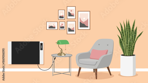 Cozy living room interior with modern furniture and decor.