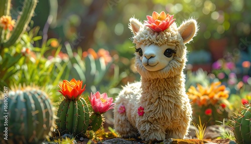 A cute, fluffy alpaca with a flower crown sits amongst cacti and succulents in a sunlit garden setting, smiling sweetly