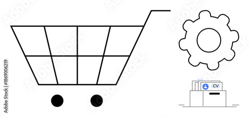 E-commerce concept. Shopping cart, gear symbol, and file box icon depict e-commerce, business settings, and document management. E-commerce applications, cloud storage, and retail operations