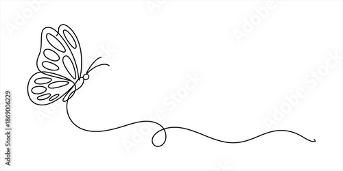 A continuous line art drawing of a flying butterfly with a long, elegant trail Vector, illustration