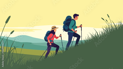 Couple hiking together in a serene landscape with hills and grass.