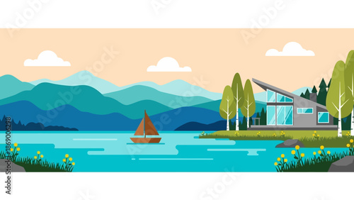 Serene lake landscape with sailboat and modern house.