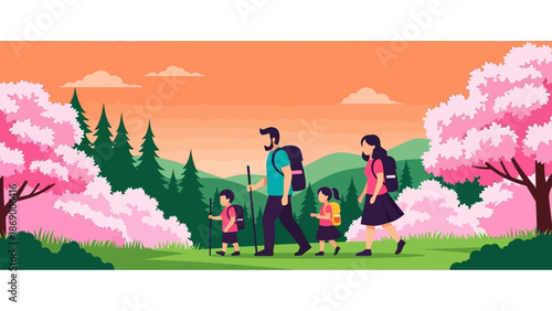 Family walking together in a serene park with blooming trees.