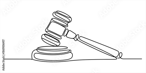 A continuous line art drawing of a wooden gavel and sound block representing law and justice Vector, illustration