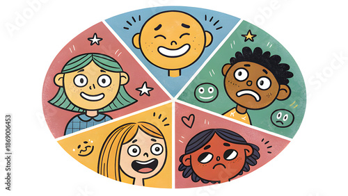 Round abstract comic Faces with various Emotions. Crayon drawing style. Different colorful characters. Cartoon style. Flat design. Hand drawn trendy Vector illustration. 
