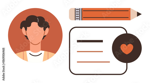 Social media, creativity, personal branding, education design, communication, user interface. Illustration of a person s profile, a pencil and a text bubble with heart symbol. Creativity
