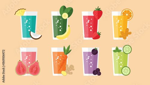 Colorful Smoothies with Fresh Fruits and Garnishes.