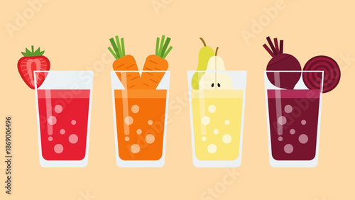 Colorful Juices with Fresh Fruits and Vegetables.