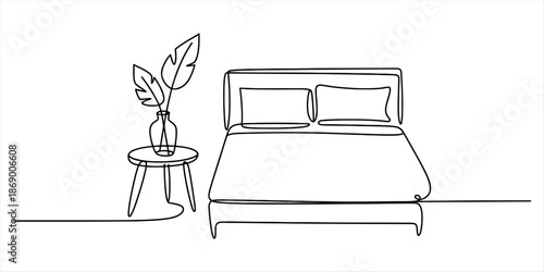 Minimalist single line art drawing of a cozy bedroom setup with a bed and nightstand Vector, illustration